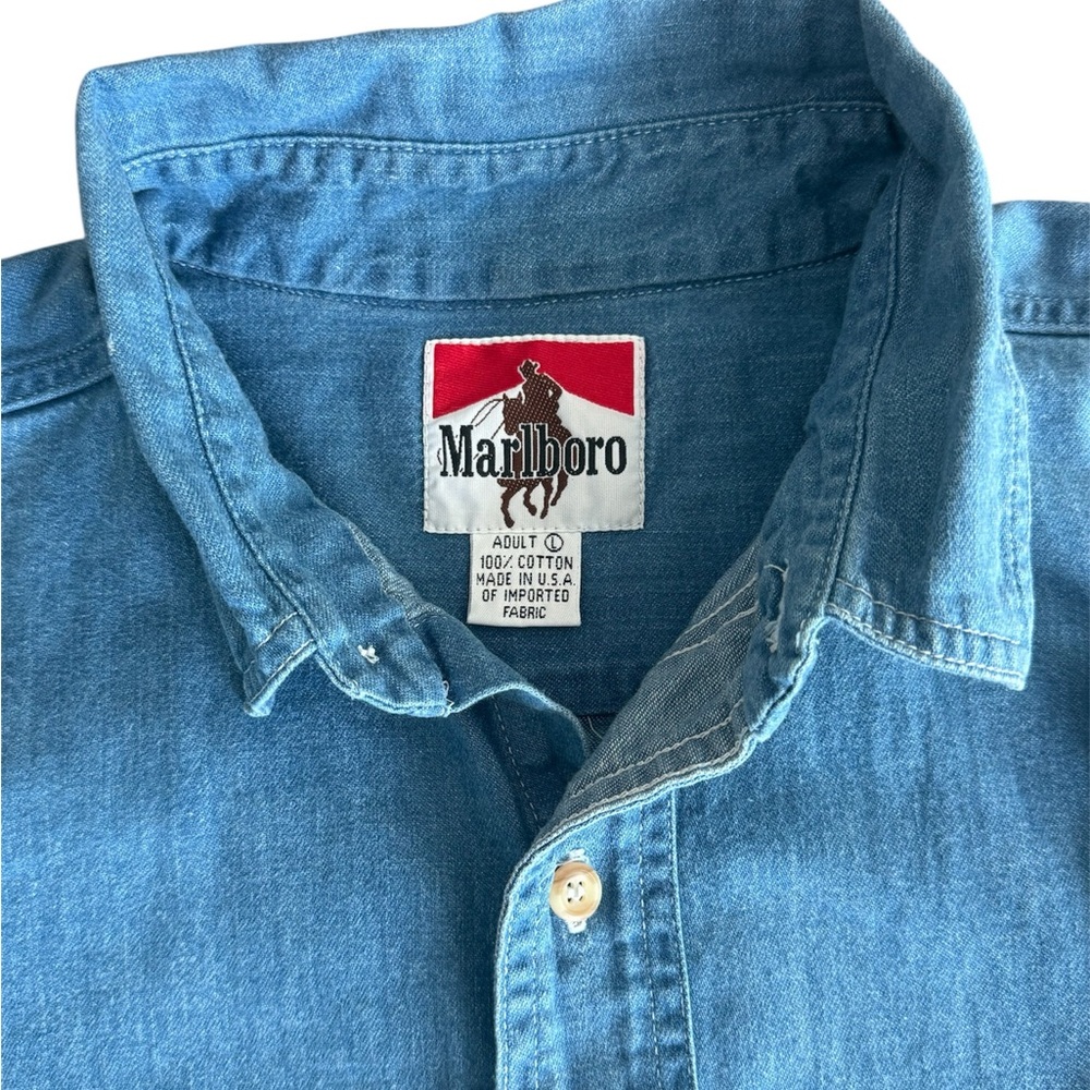 Vintage 90s Marlboro Shirt Men's Large Blue Denim Button Up Cowboy Made In USA